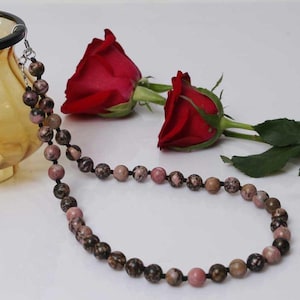 Beautiful 10mm Rhodonite Gemstone Beads Necklace for Unisex Hand Knotted 22 Inch Designer Beach Jewelry Statement Necklace Gift For Her
