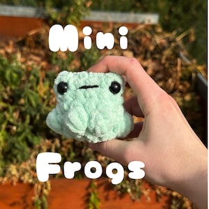 May include: A small, mint green crocheted frog with black eyes and a stitched mouth. The word "Mini" is above the frog and the word "Frogs" is below it, both in white, block letters. The frog is held in a hand.