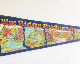 1960s Blue Ridge Parkway Virginia Souvenir Pennant - Skyline Drive, Peaks of Otter Felt Travel Pennant - Vintage Camper RV, Cabin Wall Decor