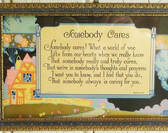 1920s Art Deco Somebody Cares Motto w/ Cottage Scene, Gibson Art - Gold Painted Wood Frame - Vintage Encouragement Poem of Friendship, Love