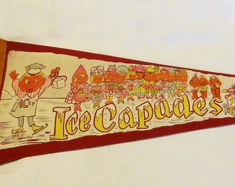 SALE - 1960s Ice Capades Souvenir Pennant - Icey & Storybook Characters - Vintage Felt Event Pennant - Ice Skater Gift, Collector Gift