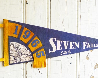 1960s Seven Falls Colorado Souvenir Pennant - 1965 Colorado Springs Felt Travel Pennant - Vintage Camper RV, Cabin Decor - Collector Gift