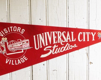 1960s Universal City Studios Visitors Village Felt Travel Pennant - Golden Age Hollywood California Movie Studio Tour Souvenir - Retro Decor