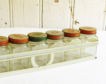 Vintage Metal Spice Rack w/ Seven Herb Ox Jars - White Painted Metal Shelf - Retro Kitchen Storage - Collector Gift - Gift for Cook