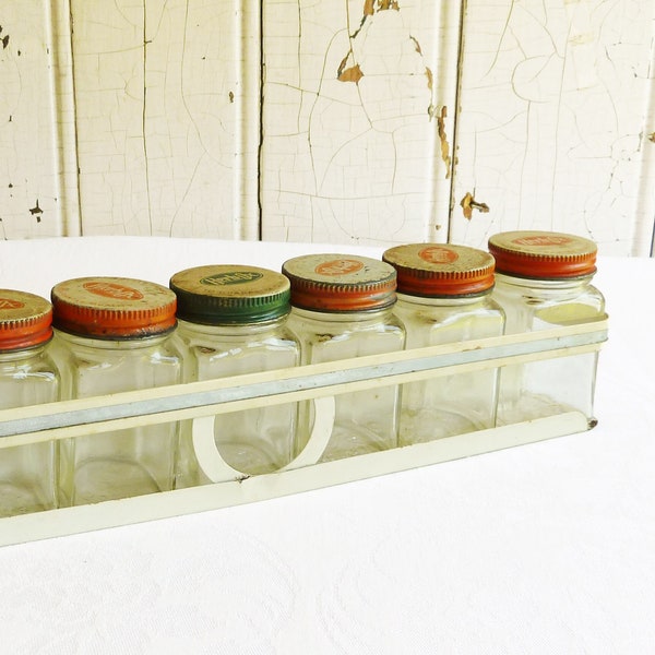 Vintage Metal Spice Rack w/ Seven Herb Ox Jars - White Painted Metal Shelf - Retro Kitchen Storage - Collector Gift - Gift for Cook