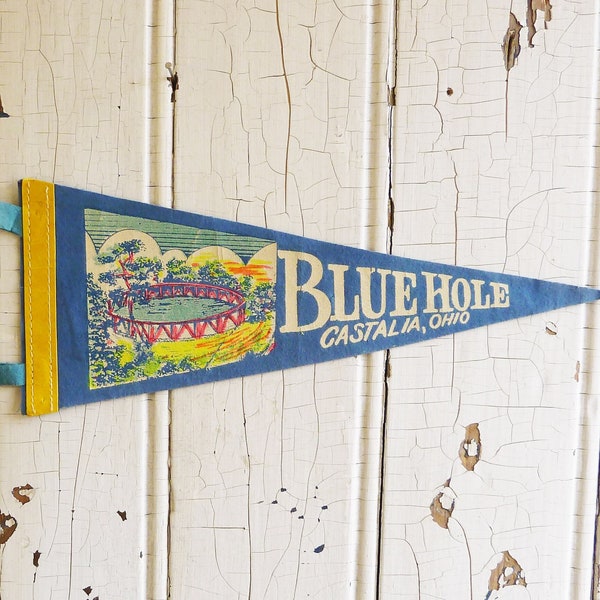 1960s Blue Hole Souvenir Pennant, Castalia Ohio - Small Felt Travel Pennant - Vintage Camper RV, Cottage, Lake House Decor - Collector Gift