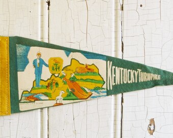 1960s Kentucky Turnpike Souvenir Pennant, State Map & KY Colonel - Felt Travel Banner - Vintage Camper RV, Cabin Decor - Collector Gift