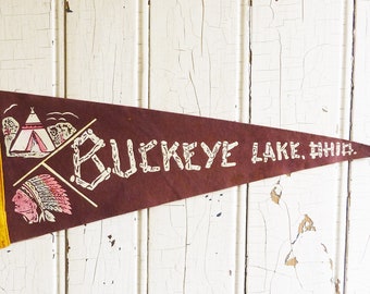 1950s Buckeye Lake Ohio Souvenir Pennant, Retro Harbor Hills, Millersport Felt Travel Pennant - Vintage Camper RV, Cottage, Cabin Wall Decor