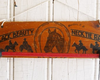 Vintage Wood Black Beauty Tie Rack - Horse, Horseshoe & Cowboys - Aberdeen South Dakota Souvenir - Retro Wall Hanging, Ranch or Stable Decor