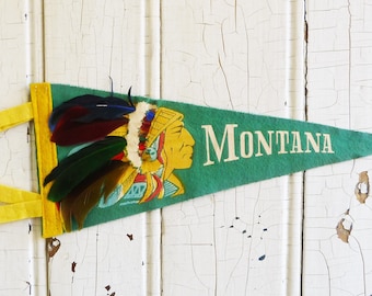 Banderín de recuerdo de Montana de la década de 1950 - Indio nativo americano con plumas reales - Banderín de viaje de fieltro coleccionable occidental - Regalo de coleccionista