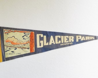 1950s Glacier National Park Montana Souvenir Pennant, St Mary Lake - Collectible Felt Travel Pennant - Vintage Camper RV, Cabin, Ranch Decor