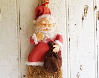 Vintage Santa Claus Broom Wall Hanging - Plastic Face & Flannel Suit - Tacky Door Decoration - Kitschmas - Kitschy 1970s Christmas Decor