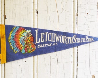 1950s Letchworth State Park Souvenir Pennant, Castile New York - Native American War Bonnet - Felt Travel Pennant - Vintage Camper RV, Cabin