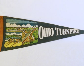 1950s Ohio Turnpike Souvenir Pennant w/ Cloverleaf Highway & Tollbooth - Felt Travel Pennant - Vintage Camper RV Decor, Retro Wall Hanging