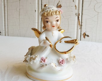 Figura de pequeño artista Lefton de la década de 1950, Serie 808B - Chica pintora blanca y dorada con figura de paleta de pintura - Cerámica coleccionable, regalo de coleccionista