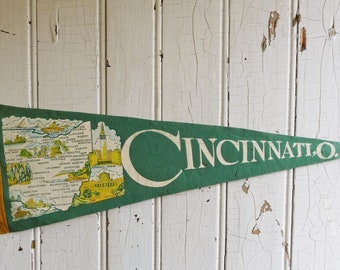 1960s Cincinnati Ohio Souvenir Pennant - Queen City Felt Travel Pennant w/ State Map - Vintage Camper RV, Cottage - Retro Wall Decor