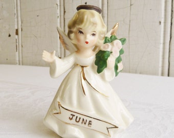 1960s Enesco June Birthday Angel with Roses - Vintage Angel Figurine - Kitschy Birthday Gift, Baby Shower Gift or Cake Topper