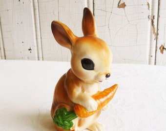 1960s Josef Originals Brown Bunny Figurine - Anthropomorphic Rabbit w/ Carrot - Collectible Easter Decoration, Spring Decor - Collector Gift