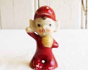 1950s Elf Baseball Player Figurine - Tiny Elf w/ Baseball Glove, Red Suit - Kitschy Mid-Century Sports Pixie - Collector Gift