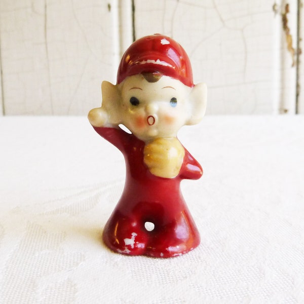 1950s Elf Baseball Player Figurine - Tiny Elf w/ Baseball Glove, Red Suit - Kitschy Mid-Century Sports Pixie - Collector Gift