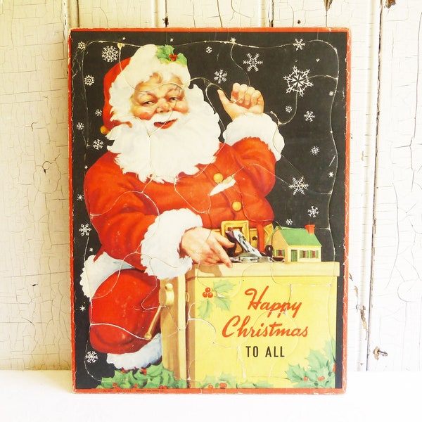 1950s Santa Claus Frame Tray Puzzle, 'Happy Christmas to All' - Whitman Jigsaw Puzzle 5329 - Kitschmas - Kitschy Christmas Decoration
