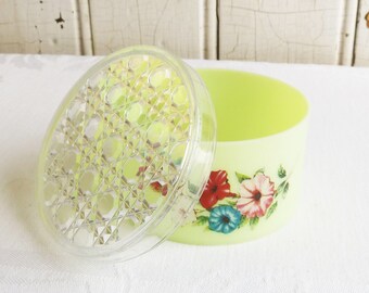 Three 1960/'s Vintage White and blue abstract design patterned plastic vanity dressing table pots with matching lids
