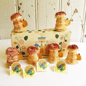 Jaren 50 honingraattarweschokken met papieren pompoenen, set van zes en vier gestanste kalkoenen - papieren zakdoekje herfst, Thanksgiving tafeldecor