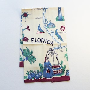 Paño de cocina de recuerdo de Florida de los años 50 - Paño de cocina con mapa del estado anterior a Disney - Coleccionable vintage de Florida - Decoración para casa de playa, cocina de barco o caravana
