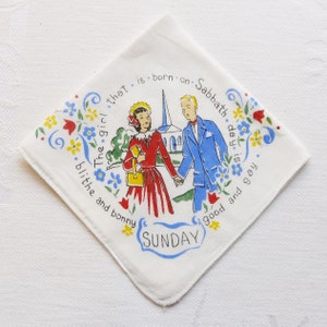 Vintage Sunday's Girl Born on the Sabbath Handkerchief - 1950s Teenager Day of the Week Hankie - Collector Gift - Collectible Hanky