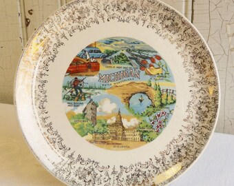 1960s Michigan Water Wonderland Souvenir Plate - Holland Tulips, Cherry Festival & Mackinac Island - UP Upper Peninsula - Collector Gift