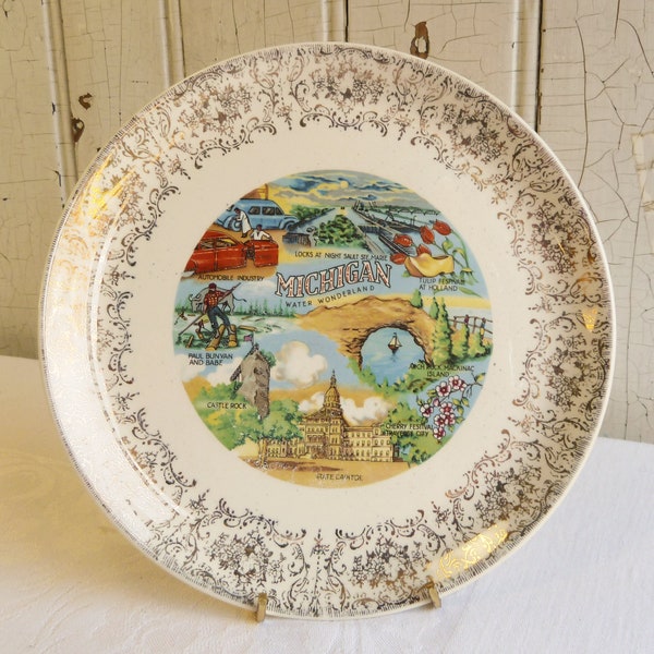 1960s Michigan Water Wonderland Souvenir Plate - Holland Tulips, Cherry Festival & Mackinac Island - UP Upper Peninsula - Collector Gift