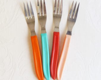 1950s Quikut Plastic Handle Dinner Forks - Fiesta Go-Along - 4 Pieces Mid-Century Silverware