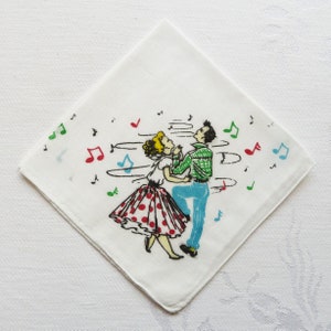 Vintage Dancing Teenagers Handkerchief - 1950s Dancers Hankie, Red Polka Dot Circle Skirt - Kitschy Collector Gift - Collectible Hanky