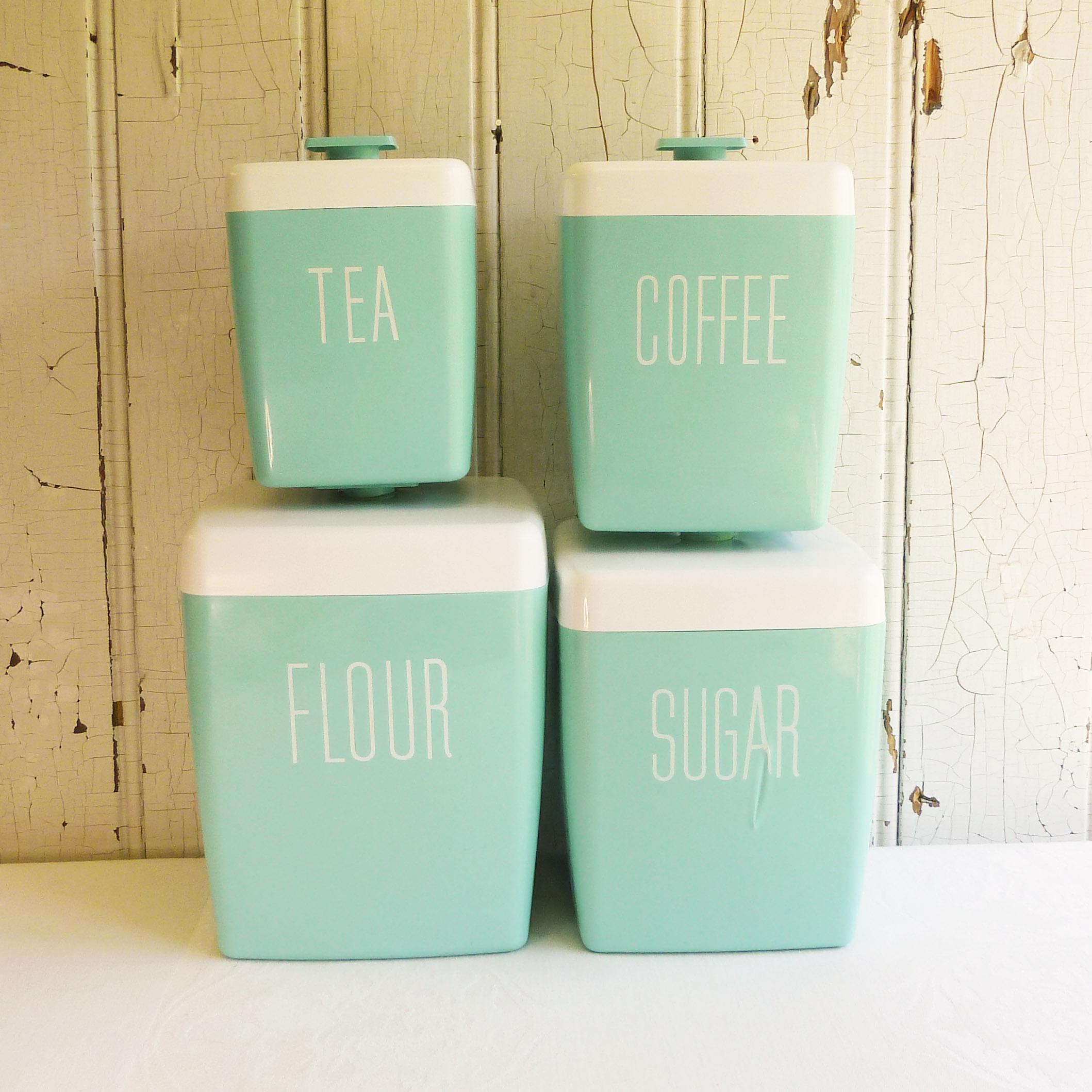 1950s Turquoise & White Plastic Canisters W/ White Letters
