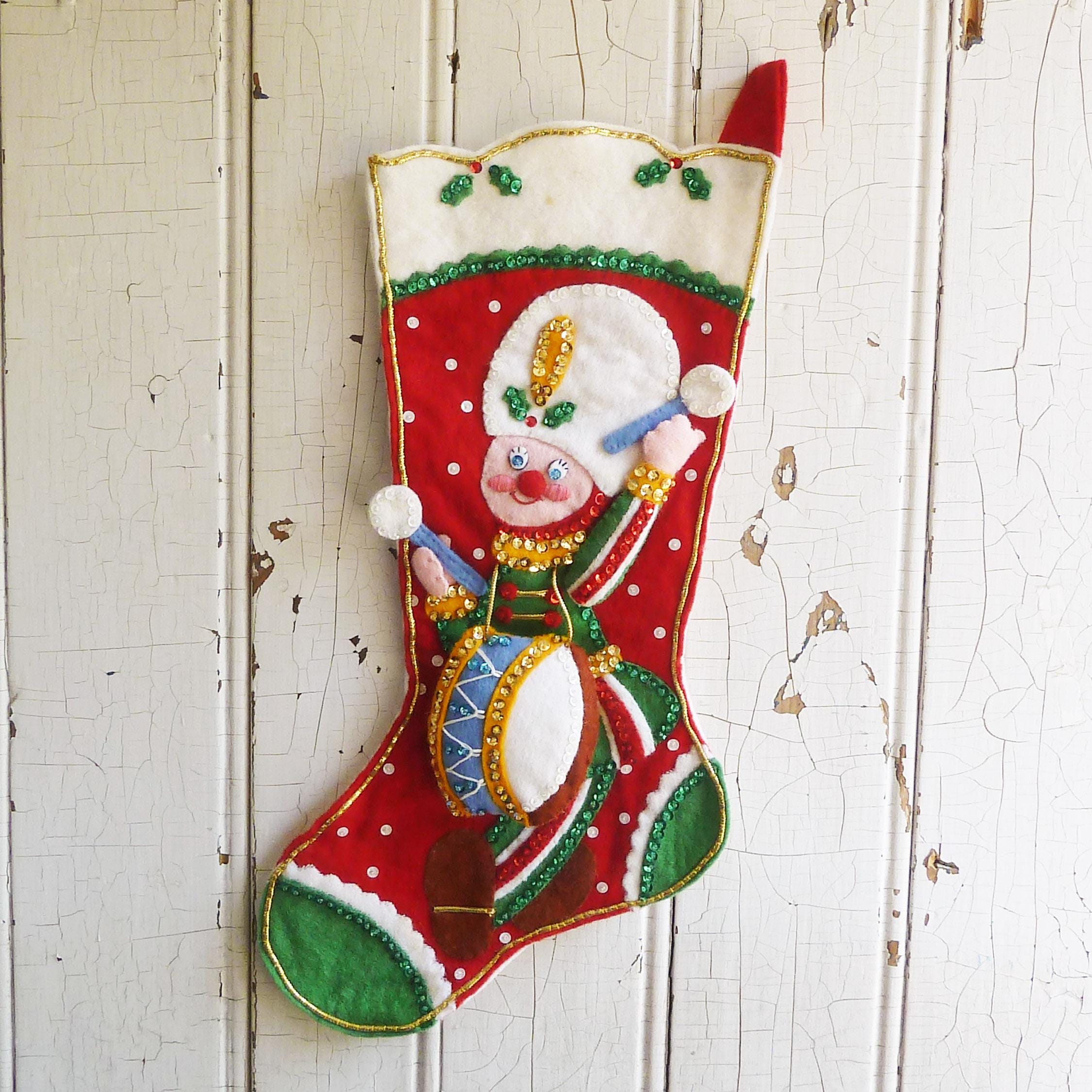 Vintage 80s Felt Sequin Christmas Stocking: Drummer Boy Decoration