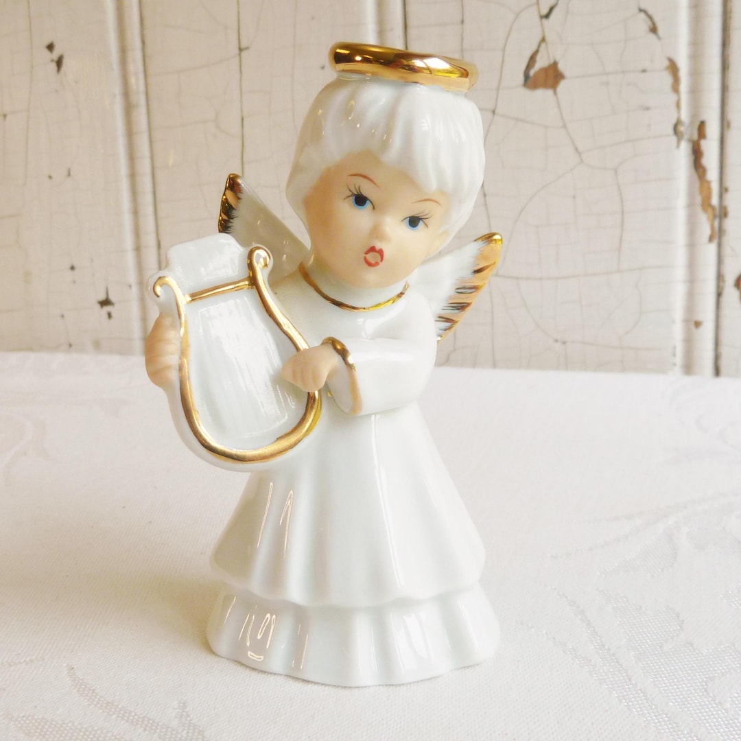 Vintage Angel Figurine With a Lyre Harp, White & Gold - Hand