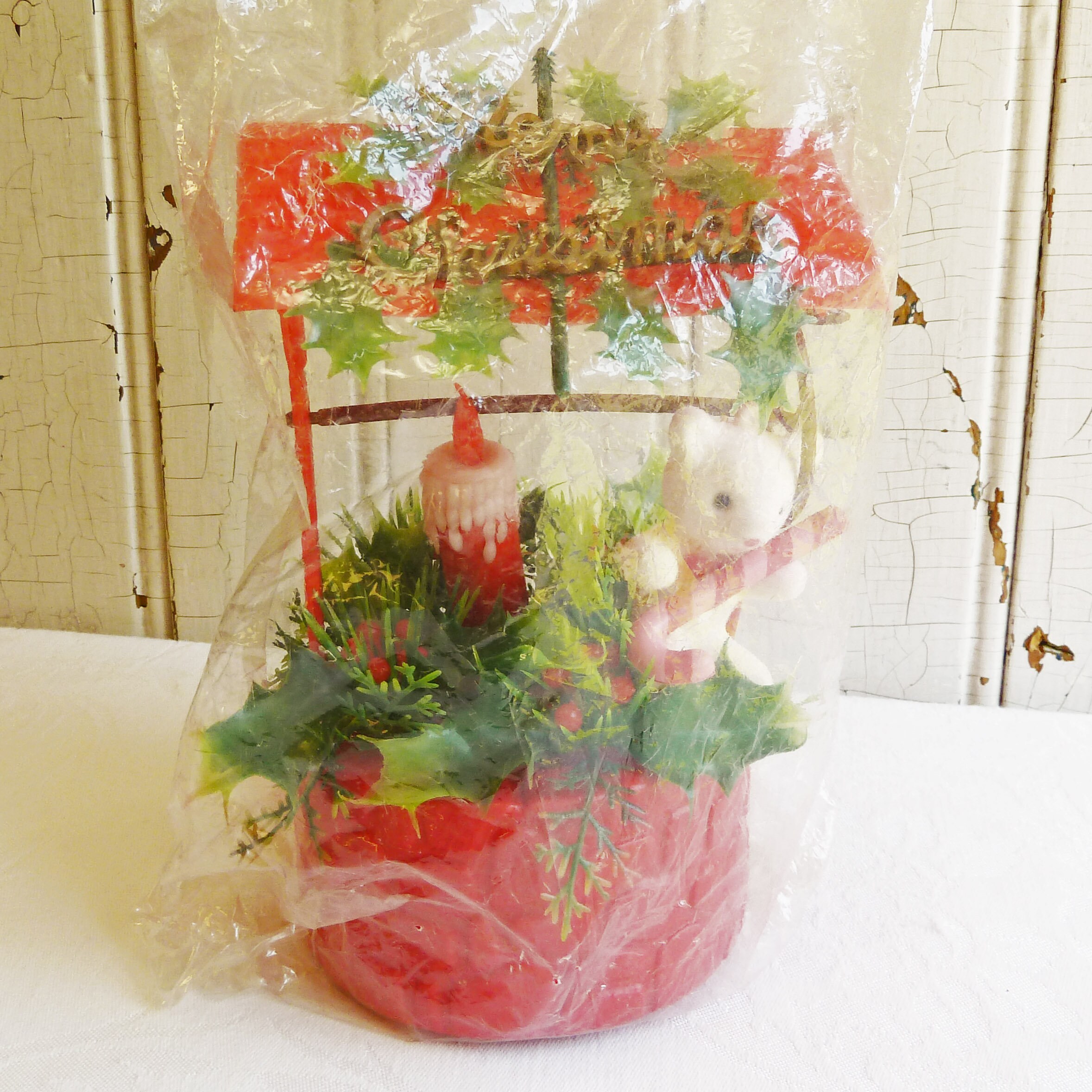 1970s Plastic Christmas Wishing Well: Teddy Bear, Candle, Candy Cane (Original Package)