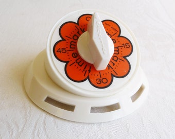 1970s Mark Time Kitchen Timer w/ Orange Mod Flower Design - Working Cooking Timer - 70s Color Vintage Camper RV, Cottage, Kitchen Decor