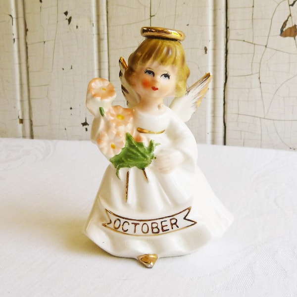 1960s October Birthday Angel w/ Orange Flowers, Price Imports - Collectible Angel Figurine - Baby Shower, Cake Topper, Collector Gift