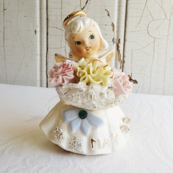 1950s Lefton May Birthday Angel with Emerald & Carnations - Vintage Birthstone Angel Figurine, 489 - Kitschy Collector or Baby Shower Gift