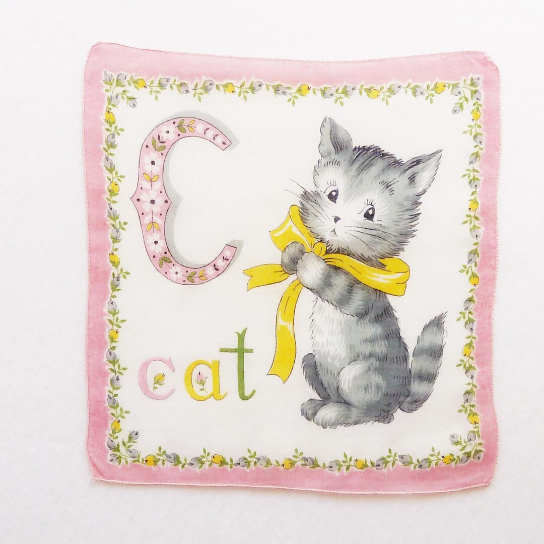 1960s C is for Cat Child's Alphabet Handkerchief - Gray Tabby Kitten ...