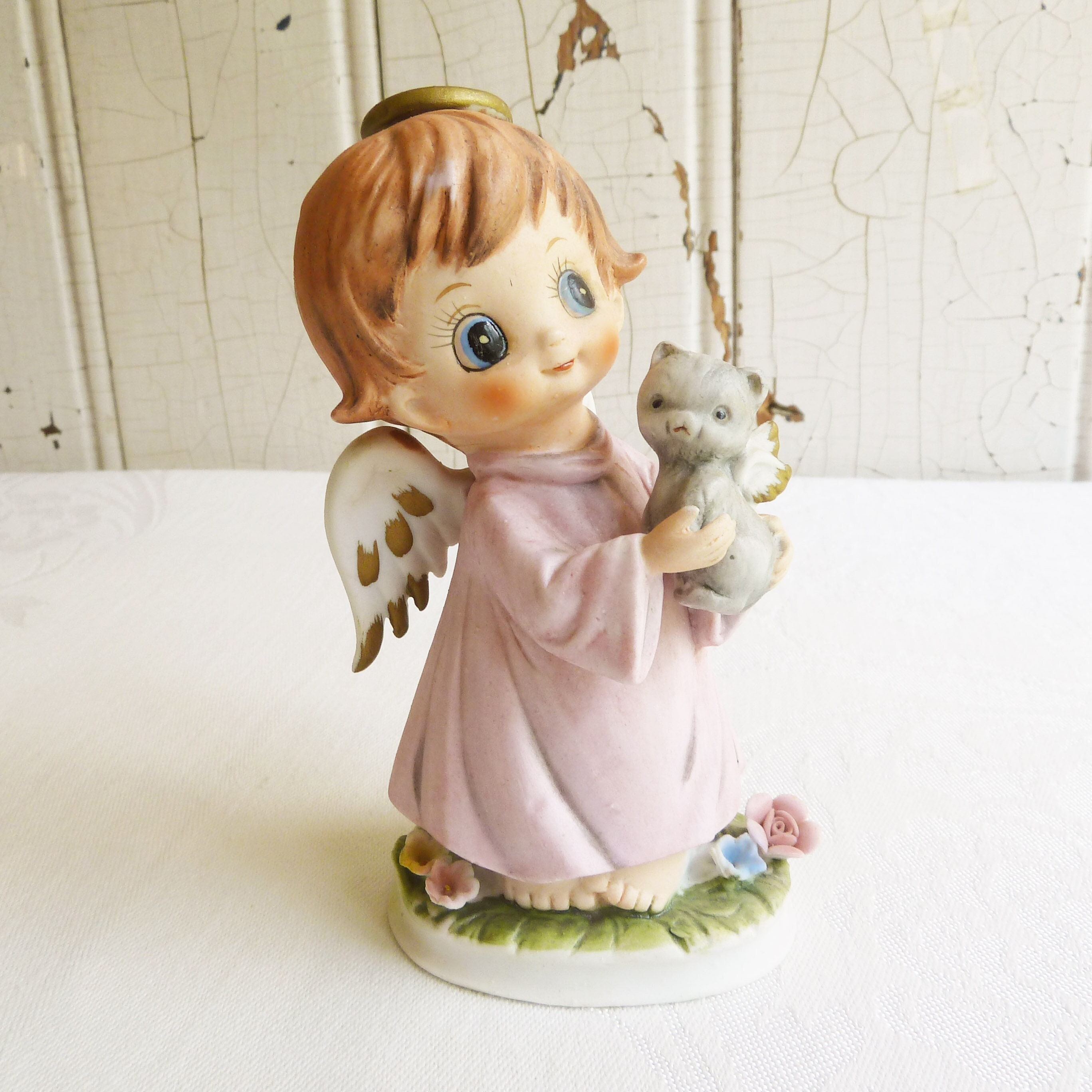 Vintage Napco Big Eye Angel Figurine: Bisque Kitten Angel, 1960s