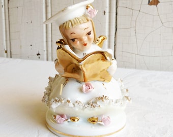 1950s Lefton Betty Co-Ed Figurine, Series 808B - White & Gold Graduation Party Cake Topper - Collectible Ceramic, Collector Gift