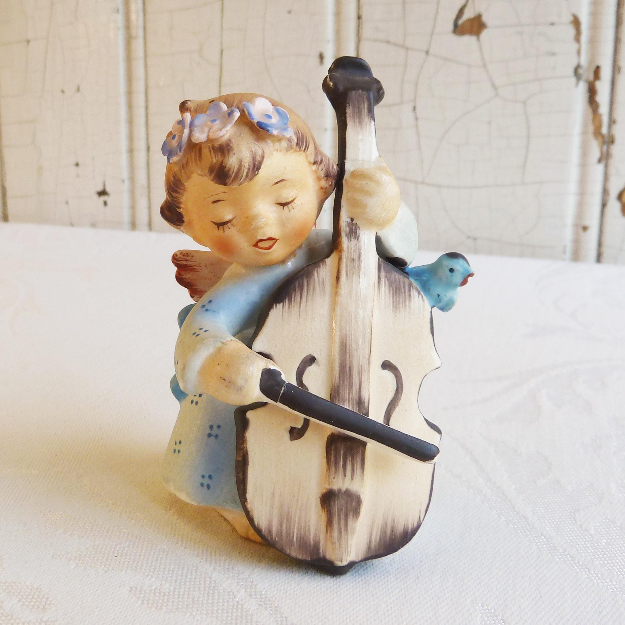 1960s Lefton Angel Figurine Playing a Bass or Cello, With a