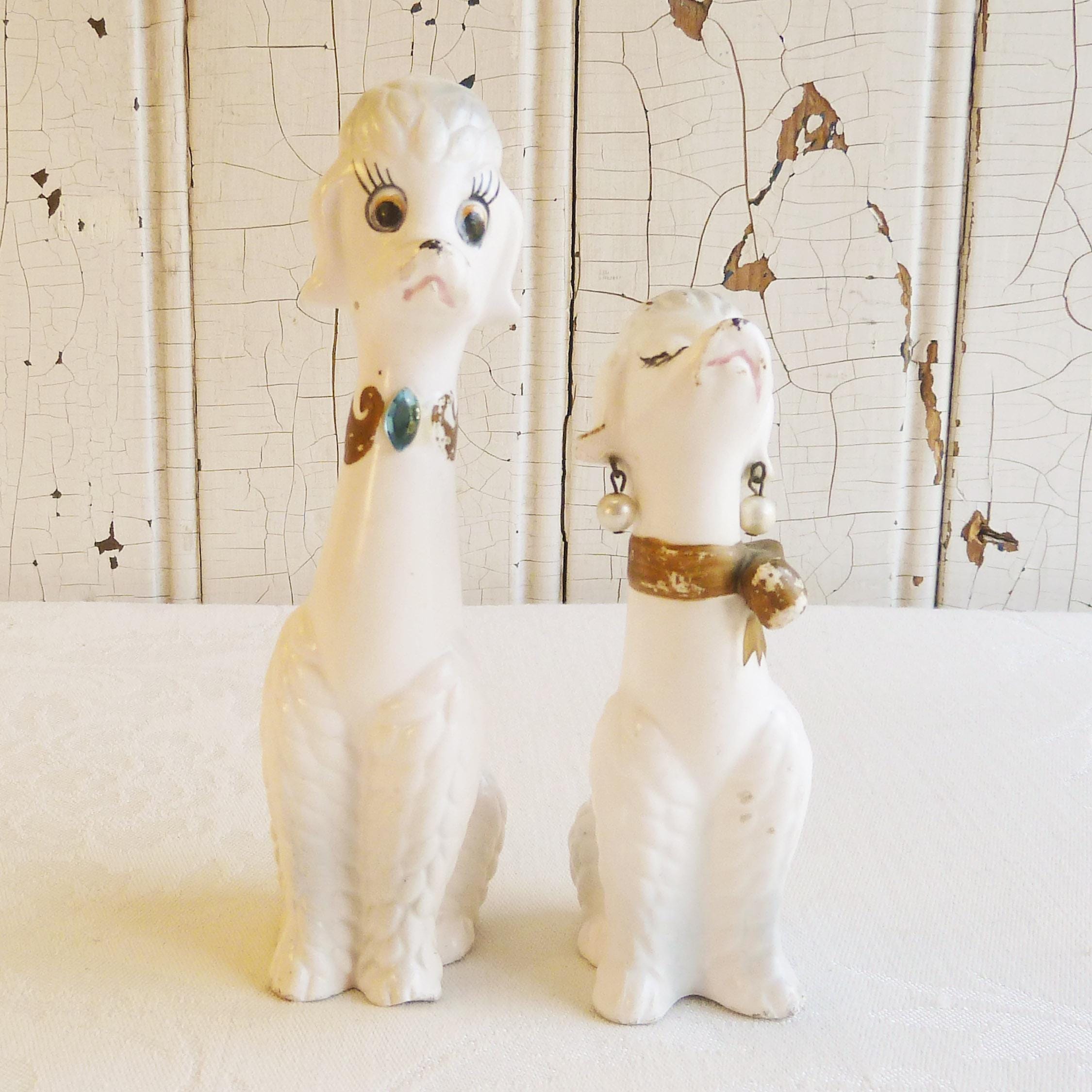 Pair of 1950s Napcoware White Poodle Figurines, Pearl Earrings