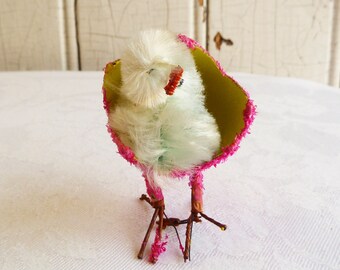 1960s Chenille Easter Chick in Hot Pink Flocked Egg - Vintage Dime Store Novelty Toy - Kitschy Easter Decoration, Cake Topper