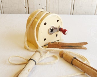 Vintage Cream Metal Retractable Clothesline Reel w/ Red Wood Knob - Laundry Room, Cottage, Camper RV or Beach House - Working Condition