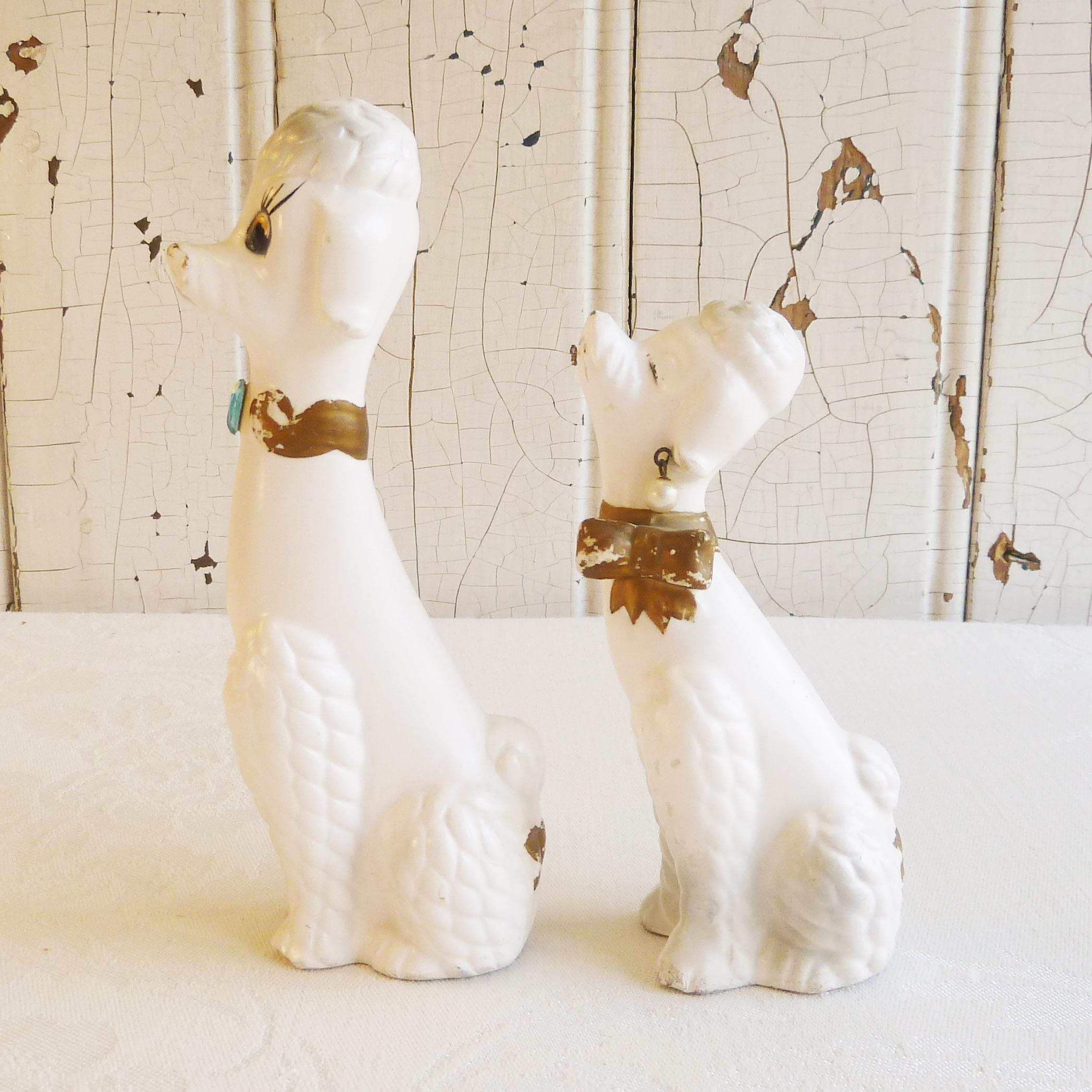 Pair of 1950s Napcoware White Poodle Figurines, Pearl Earrings