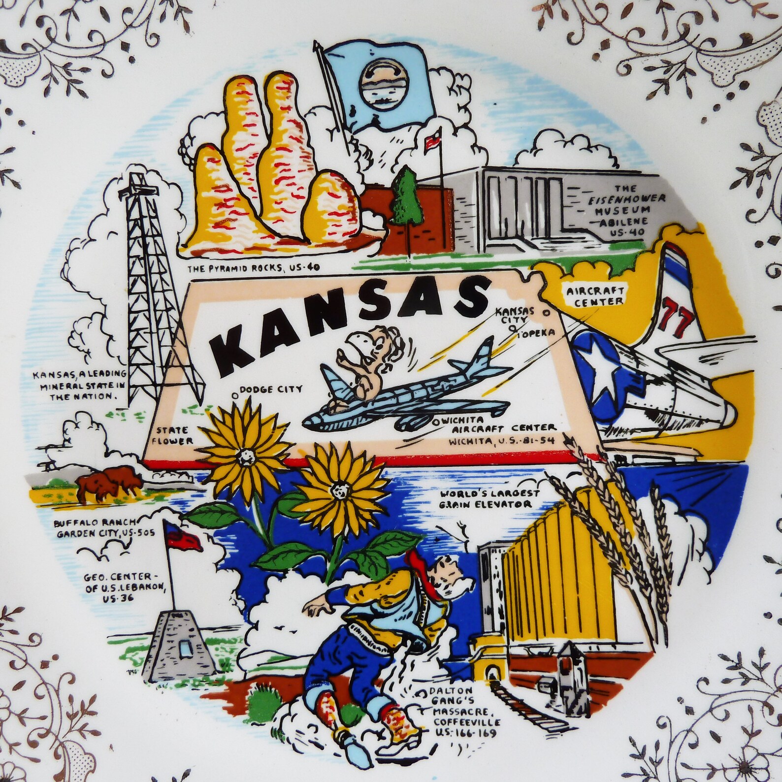 Vintage Kansas Souvenir Plate 1960s Sunflower State Souvenir Etsy
