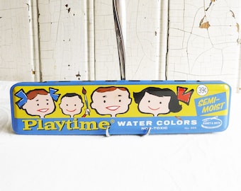 Acuarelas vintage de tiempo de juego en estaño - Caja de pintura para niños de metal de la década de 1960 - Suministro para artes y artesanías de mediados de siglo - Estaño coleccionable, decoración de estudio